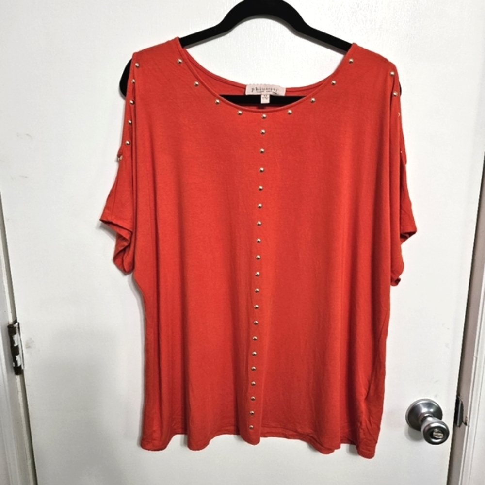 Philosophy 1X Plus Size Orange Gold Studded Cold Shoulder Boho Top Blouse